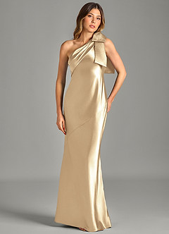 Azazie Yuanna Bridesmaid Dresses Champagne Mermaid One Shoulder Metallic Satin Dress image4