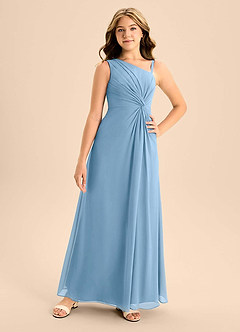 Azazie Brooke Junior Steel Blue A-Line Side Slit Chiffon Dress image4