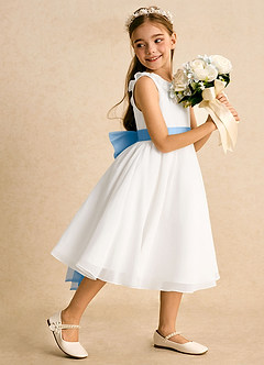 Azazie Dani Flower Girl Dresses Ivory Powder Blue A-Line Bow Chiffon Dress image3