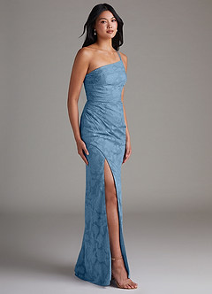 Azazie Eren Jurken voor bruidsmeisjes Jurk van Bloemen Burn-out met Kolom One-Shoulder Staal Blauw image3