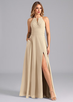 Azazie Denver Bridesmaid Dresses Champagne A-Line Pleated Chiffon Dress image1