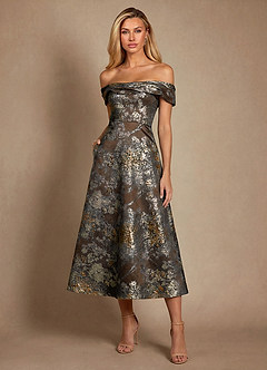 Azazie Maricela Mother of the Bride Dresses Mocha Coco A-Line Off the Shoulder Jacquard Dress image3