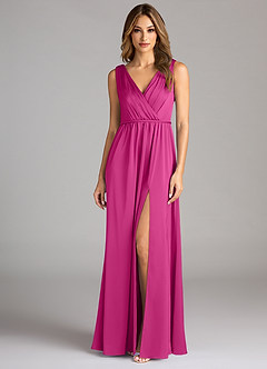 Azazie Tanicia Vestidos de damas de honor Vestido de Fucsia de Satén Elástico de Corte en A con Plisado image3