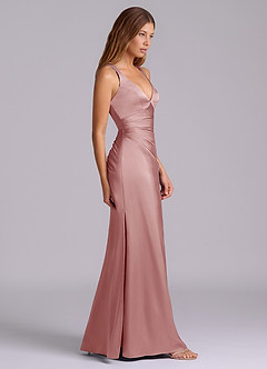 Azazie Amelie Abiti da Damigella Abito A-Line in Raso Elasticizzato Plissettato Rosa Polverosa image3