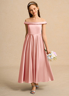 Azazie Teeny Junior Formal vestidos de niña de las flores Vestido de Rosetón de Satin Mate de Corte En A con Plisado image3