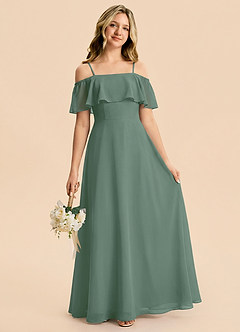 Azazie Maggie Junior Eucalyptus A-Line Off the Shoulder Chiffon Dress image1