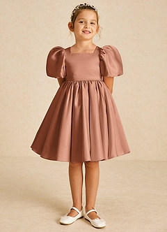 Azazie Muffin Flower Girl Dresses Bronzer A-Line with Sleeves Matte Satin Dress image2