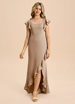 Azazie Demi Junior Taupe Mermaid Bow Stretch Satin Dress image5