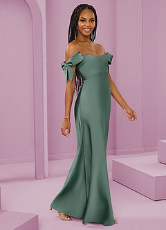 Barbie ♥ Azazie Brudtärnklänningar Klänning av Tubklänning i Stretch Satin Av axeln Eukalyptus Konvertibel image1