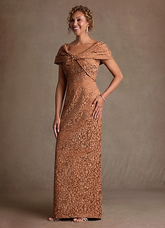 Azazie Atkins At-home Try On Dresses Caramel Cocoa Column Off the Shoulder Floral Jacquard Dress image4