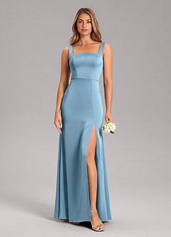Azazie Frostine Bridesmaid Dresses Steel Blue A-Line Bow Stretch Satin Dress image3