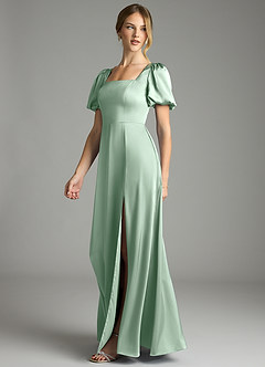 Azazie Fyona Bridesmaid Dresses Agave A-Line Pleated Stretch Satin Dress image4