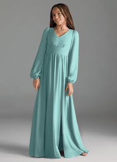 Azazie Norah Junior Robe Trapèze en Mousseline de soie Plissée Aqua image1