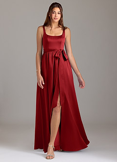 Azazie Elliott Bridesmaid Dresses Pomegranate A-Line with Pockets Stretch Satin Dress image5