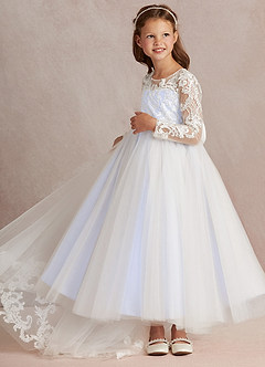Azazie Elodie Flower Girl Dresses Ivory Lavender Ball-Gown Lace Dress image5