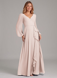 Azazie Simone Vestidos de damas de honor Vestido de Pétalo De Rosa de Gasa de Corte en A con Manga larga image4