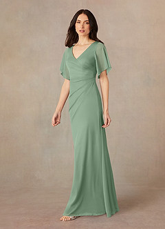 Azazie Selah At-home Try On Dresses Agave A-Line V-Neck ruched Mesh Dress image2