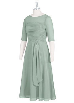 Azazie Naomi At-home Try On Dresses Agave A-Line Boatneck Pleated Chiffon Dress image9