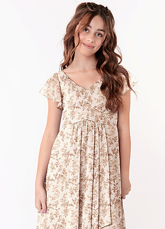 Azazie Omari Junior Pink Fern Floral A-Line Ruched Chiffon Dress image4