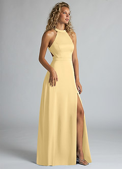 Azazie Clarice Brautjungfernkleider Eine Linie Hoher Kragen Stretch-Satin Kleid Butter image2