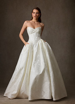 Azazie Genevieve Wedding Dresses Antique White Ball-Gown Strapless Floral Jacquard Dress image3