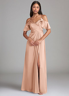 Azazie Dakota Robes de demoiselle d'honneur Robe Trapèze en Satin extensible Épaule décolletée Or Rose image3