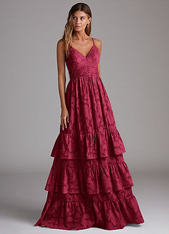 Azazie Nathalia Bridesmaid Dresses Burgundy A-Line Bow Floral Burnout Dress image4