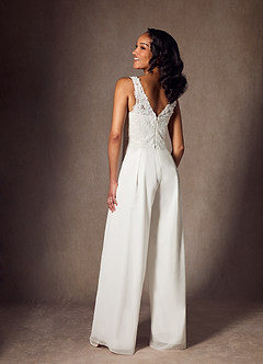 Azazie Florine Wedding Dresses Diamond White Pant Styles V-Neck Lace Chiffon Dress image3