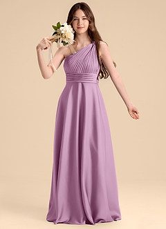 Azazie Charlize Junior Abito A-Line in Raso Elasticizzato Plissettato Glicine image6