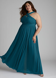 Azazie Hillian Bridesmaid Dresses Ink Blue A-Line Halter Pleated Mesh Dress image11