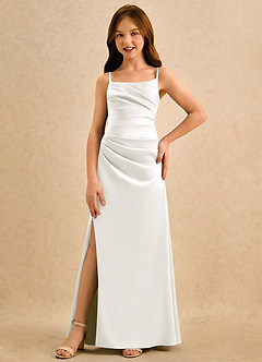 Azazie Cannoli Girls Formal 플라워 걸 드레스 A라인 주름진 매트 새틴 플로어 길이 드레스 image3