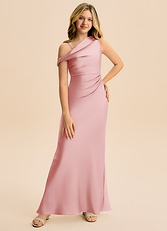 Azazie Emerson Junior Powder Pink Sheath Off the Shoulder Stretch Satin Dress image1