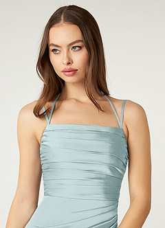 Azazie Desi Bridesmaid Dresses Mist Sheath Halter Corset Stretch Satin Dress image6