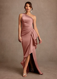 Azazie Yvette Mother of the Bride Dresses Rosette Sheath One Shoulder Stretch Satin Dress image3