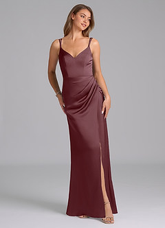 Azazie Leo Final Sale Sangria Sheath Pleated Stretch Satin Dress image2