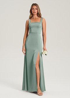 Azazie Frostine Vestidos de madrinha de casamento Vestido Sálvia Prateada de Cetim elástico de Linha A com Arco image1