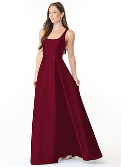 Azazie Neve Vestidos de damas de honor Vestido de Borgoña de Satén Elástico de Corte Princesa con Con bolsillos image3