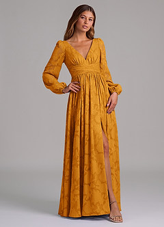 Azazie Norah Jurken voor bruidsmeisjes Jurk van Bloemen Burn-out met A-Lijn Lange mouw Boterbabbelaar image4