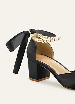front Matching Color Matte Satin Pearl and Bow Pointed Toe Block Heels