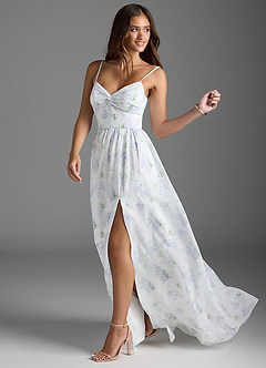 Azazie Zeya Bridesmaid Dresses Blue Vintage Floral A-Line V-Neck Pleated Chiffon Dress image4