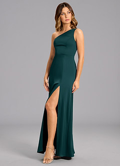 Azazie Feby Bridesmaid Dresses Pine A-Line One Shoulder Stretch Satin Dress image3