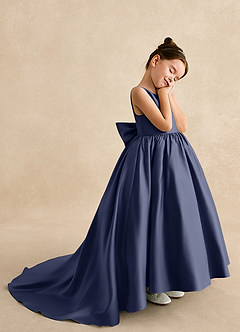 Azazie Mimia Robe Demoiselle D'honneur Fillette Robe Trapèze en Mat Satiné Arc Bleu Orageux image4