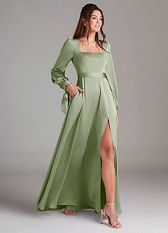 Azazie Leonia Bridesmaid Dresses Dusty Sage A-Line Long Sleeve Stretch Satin Dress image4