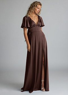 Azazie Kimber Bridesmaid Dresses Ganache A-Line Ruched Stretch Satin Dress image4