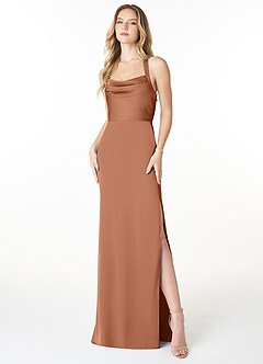 Azazie Myla Vestidos de damas de honor Vestido de Bronceador de Satén Elástico de Corte Recto con Ojo de cerradura de capucha image1