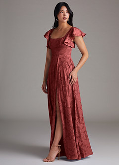 Azazie Bondi Bridesmaid Dresses Terracotta A-Line Side Slit Floral Burnout Dress image2
