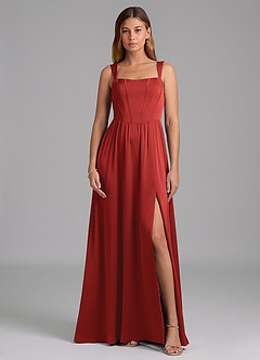 Azazie Rosaline Robes de demoiselle d'honneur Robe Trapèze en Satin extensible Fente Latérale Grenade image3