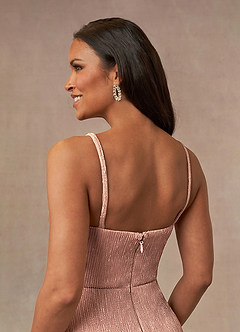 Azazie Loretta Mother of the Bride Dresses Rose Gold A-Line Cowl Cape Metallic Mesh Dress image6