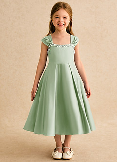 Azazie Yosemite Jurken voor bloemenmeisjes Baljurk Jurk van Mat Satijn Sweetheart Halslijn Stoffige Salie image4