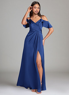Azazie Dakota Bridesmaid Dresses Royal Blue A-Line Off the Shoulder Stretch Satin Dress image4